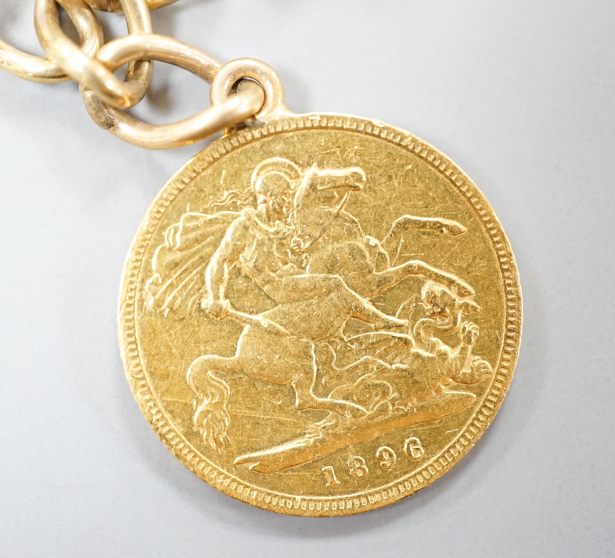 An 1896 gold half sovereign, mounted on a 9ct gold bracelet, gross 12.1 grams.